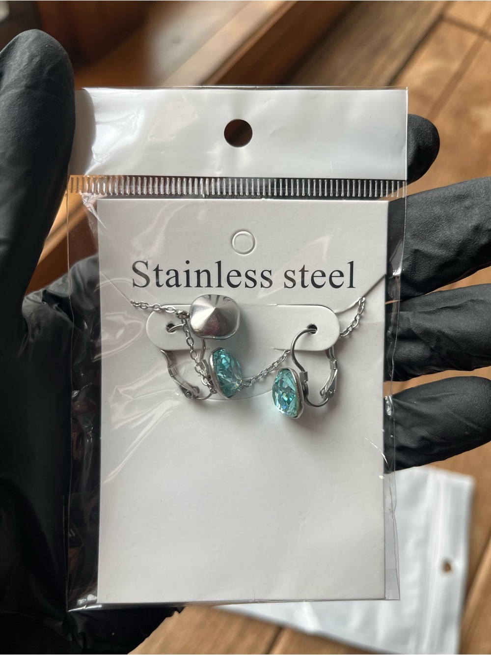 Stainless Steel Lake Blue Crystal Necklace & Earrings Jewelry Set – New
